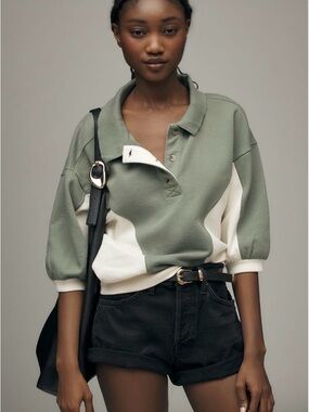 Pilcro Green and Cream Colorblock Polo Sweatshirt